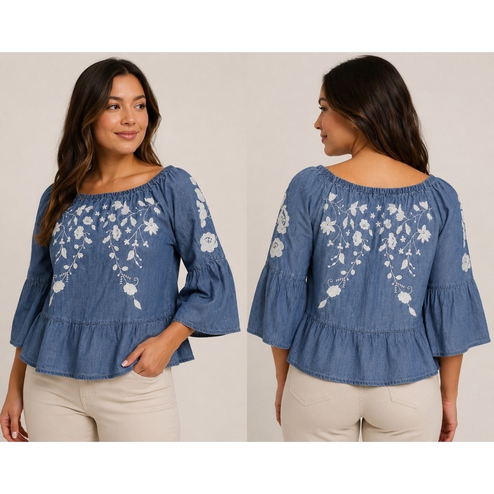 Blue Rain Off Shoulder Chambray Embroidered Floral Peasant Blouse Bell Sleeve...